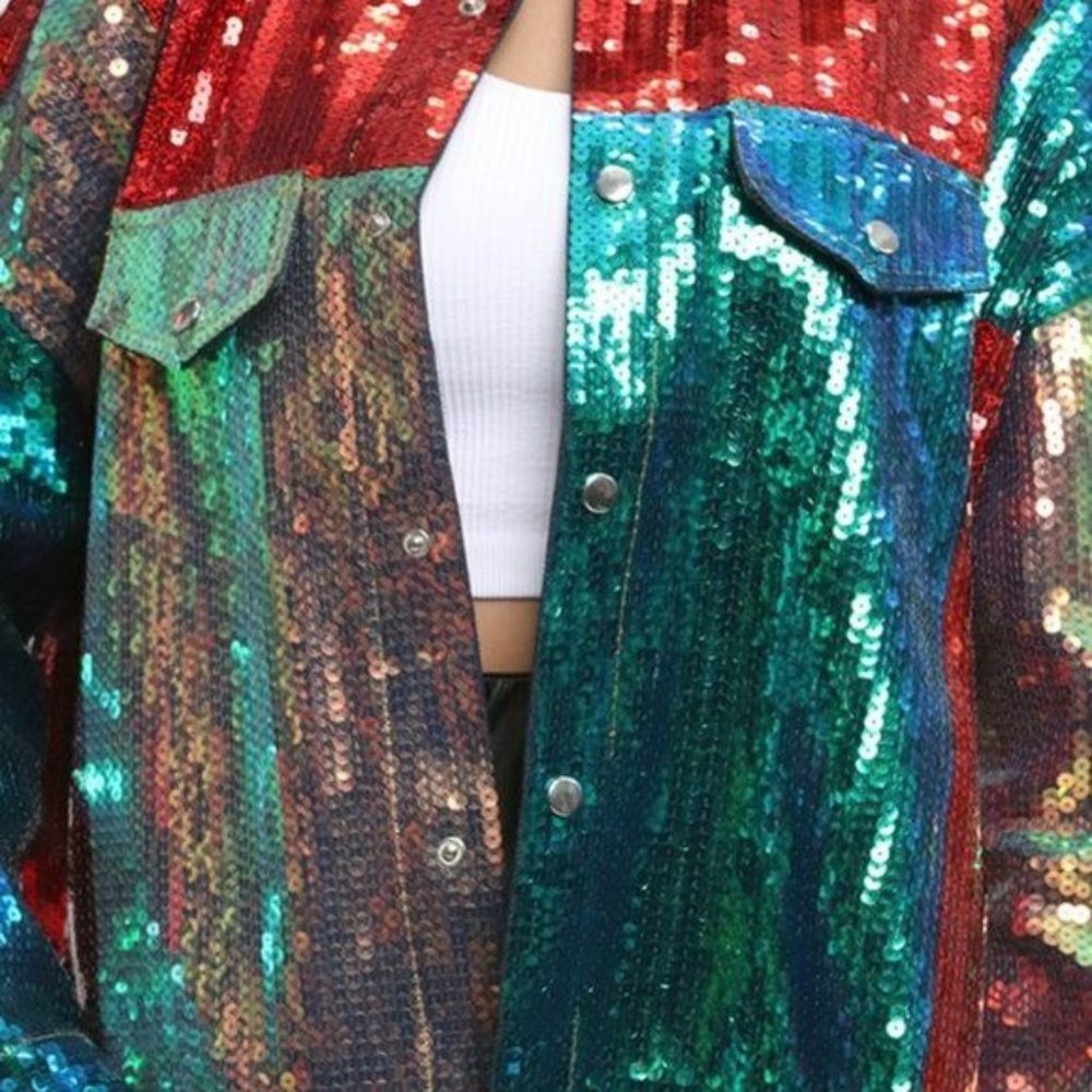 Callie Lives Celebration: Multi-Color Block Sequin Denim Jean Jacket M/L/XL - Picture 5 of 12